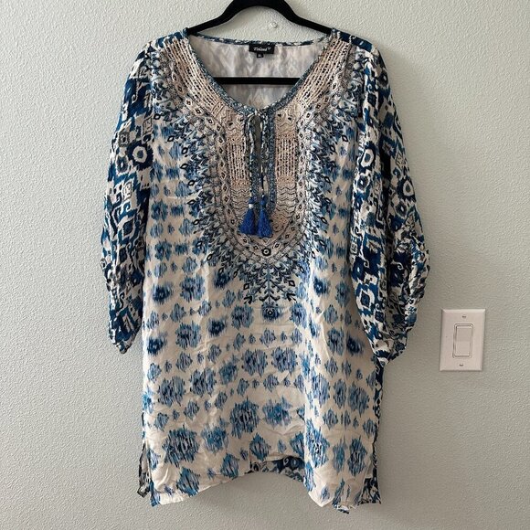 Tolani Blue White Tunic Mini Dress Women's size XL Boho - Picture 1 of 11